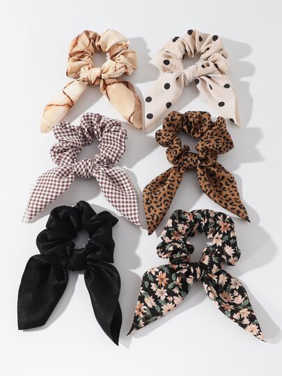 Boho 6pcs Women's Simple Solid Color Bunny Ear Hair Ties Good For Daily Wear Leopard EarsScrunchiescrunchy Hair Ties
