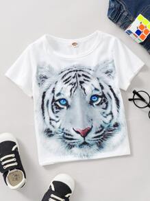 SHEIN Young Boy 3D Tiger Print Tee - White - View 1