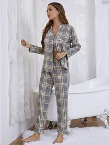 Ficka Kontrast Bindad Framsida Knappar Pläd Enkel Mysplagg - Multifärgad - Visa 4