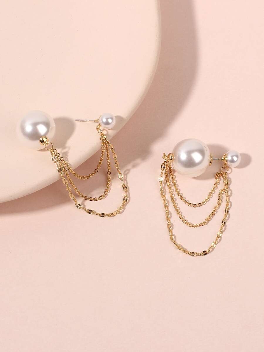 假珍珠裝飾耳環 - 金黃色 - 查看 1