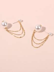 假珍珠裝飾耳環 - 金黃色 - 查看 2