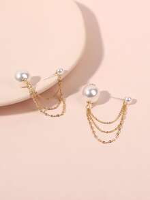 假珍珠裝飾耳環 - 金黃色 - 查看 5