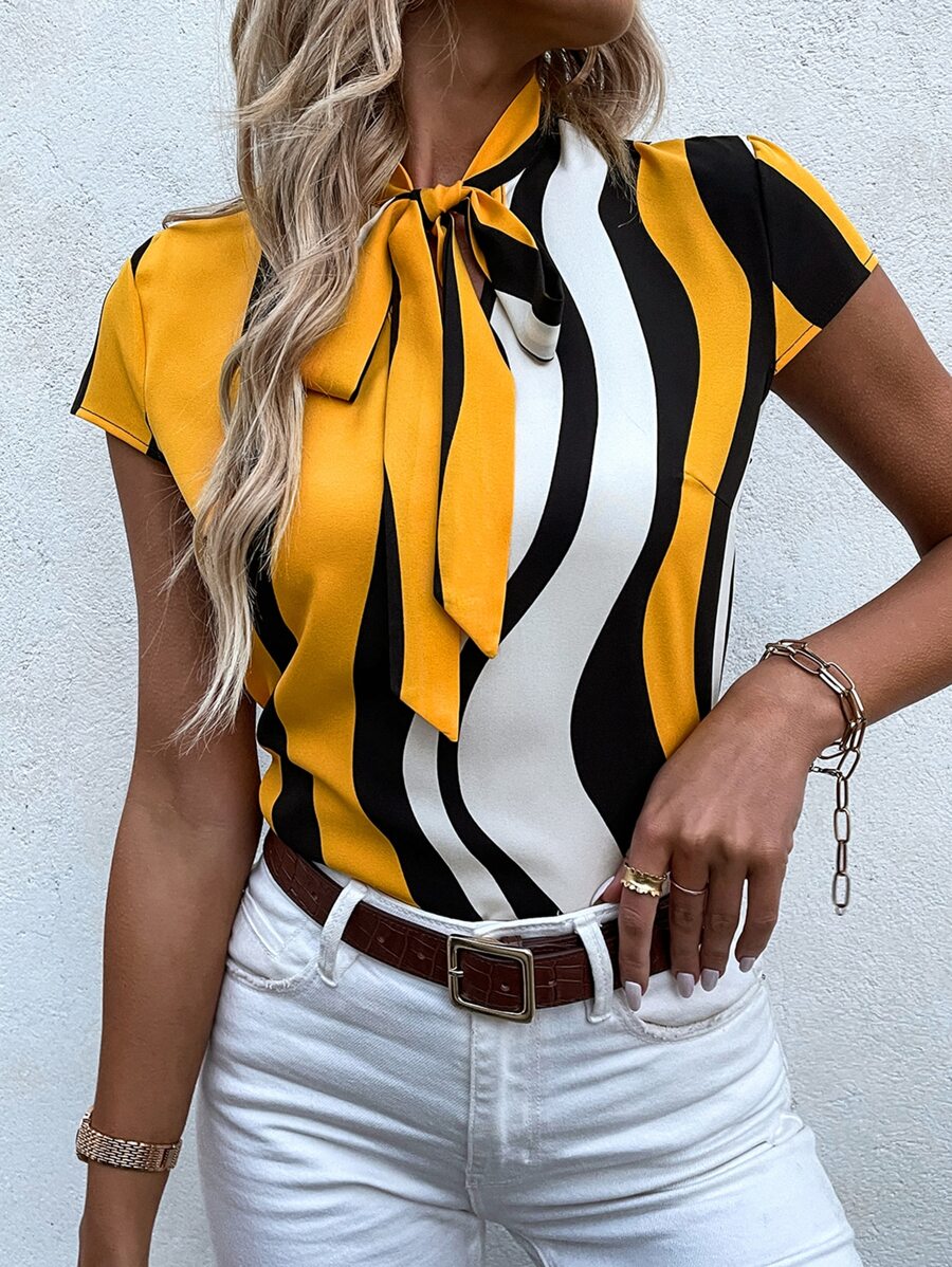 SHEIN LUNE Block Striped Tie Neck Blouse - Multicolor - View 1
