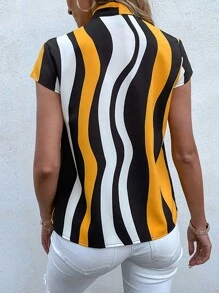 SHEIN LUNE Block Striped Tie Neck Blouse - Multicolor - View 2