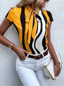 SHEIN LUNE Block Striped Tie Neck Blouse - Multicolor - View 4