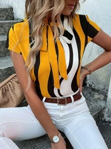 SHEIN LUNE Block Striped Tie Neck Blouse - Multicolor - View 5