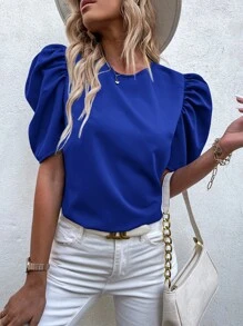 SHEIN LUNE Blusa de manga farol unicolor - Azul - Ver 1