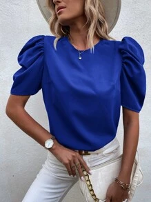 SHEIN LUNE Blusa de manga farol unicolor - Azul - Ver 3