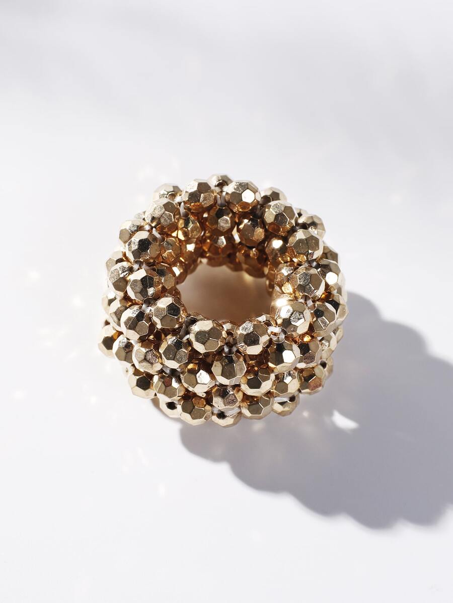 1条女士黑色休闲淑女双层串珠基础款发圈（适合所有季节，休闲、学院、日常）派对马尾发圈发绳发圈橡皮筋发圈发绳弹力发圈，金色头饰，发圈，头饰，发饰发绳发饰弹力发带 - 金色 - 查看 1