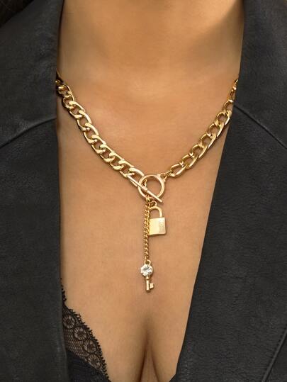 1pc Lock & Key Chain Rhinestone Key Charm Necklace