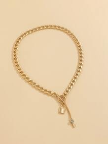 1pc Lock & Key Chain Rhinestone Key Charm Necklace - Yellow Gold - View 2