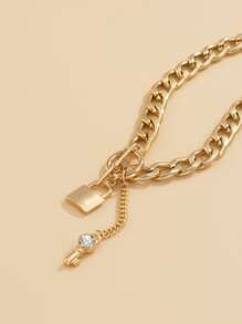 1pc Lock & Key Chain Rhinestone Key Charm Necklace - Yellow Gold - View 3