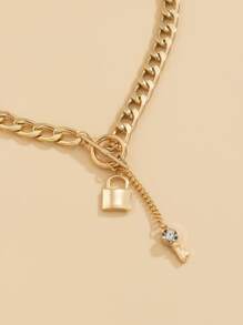 1pc Lock & Key Chain Rhinestone Key Charm Necklace - Yellow Gold - View 4