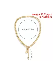 1pc Lock & Key Chain Rhinestone Key Charm Necklace - Yellow Gold - View 5