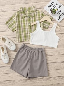 女孩格紋前排扣襯衫和素色短款上衣和短褲 - 彩色 - 查看 1