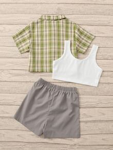 女孩格紋前排扣襯衫和素色短款上衣和短褲 - 彩色 - 查看 2