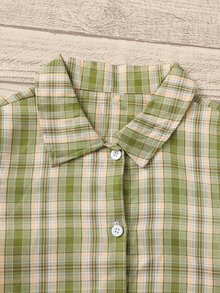 女孩格紋前排扣襯衫和素色短款上衣和短褲 - 彩色 - 查看 4