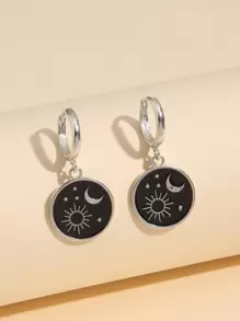Moon & Sun Detail Round Drop Earrings - Silver - View 1