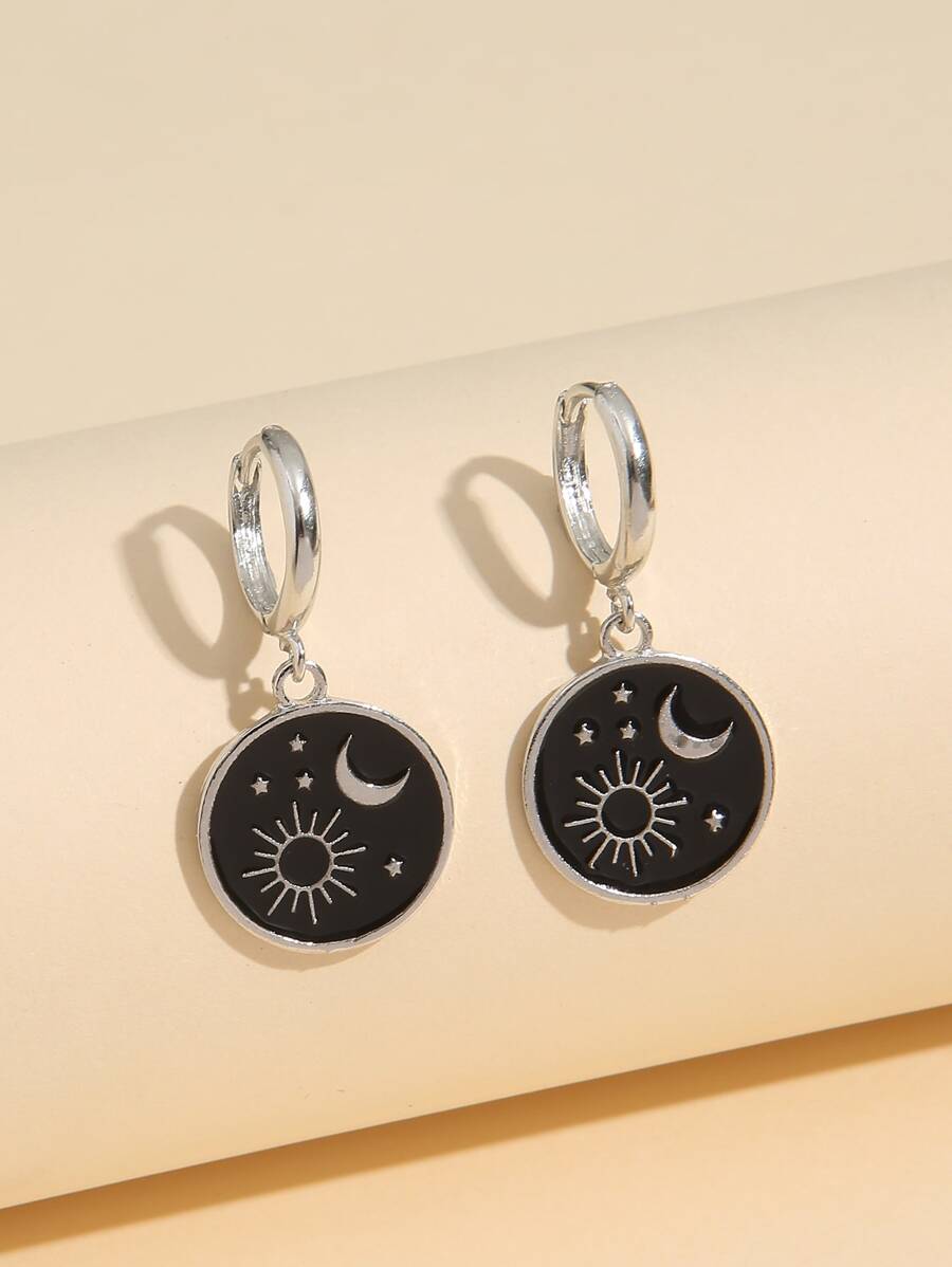 Moon & Sun Detail Round Drop Earrings - Silver - View 1