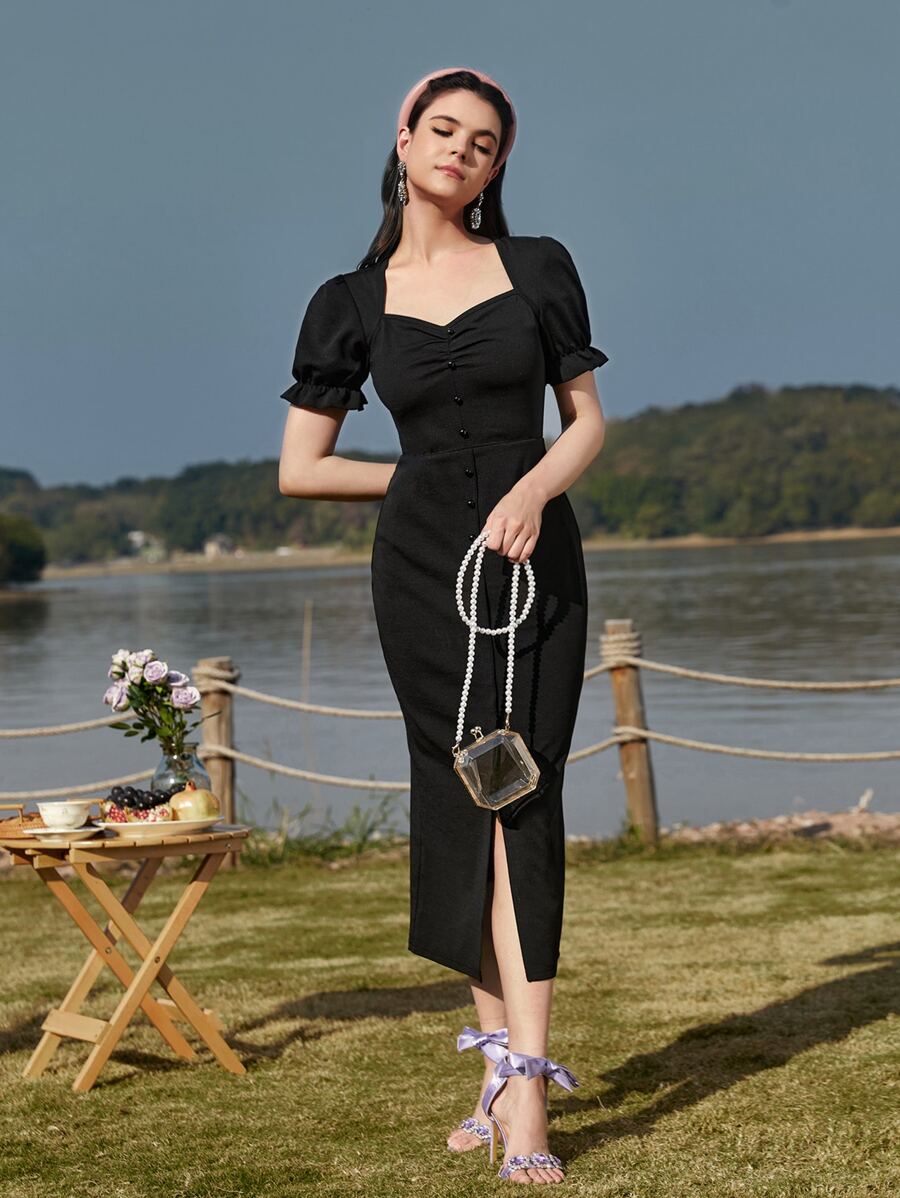 Modelyn 雞心領口珍珠釘珠泡泡袖下擺開叉連衣裙 - 黑色 - 查看 1