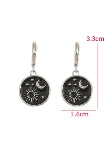 Moon & Sun Detail Round Drop Earrings - Silver - View 3