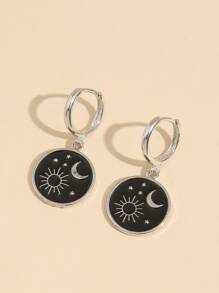 Moon & Sun Detail Round Drop Earrings - Silver - View 4