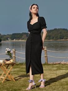 Modelyn 雞心領口珍珠釘珠泡泡袖下擺開叉連衣裙 - 黑色 - 查看 4