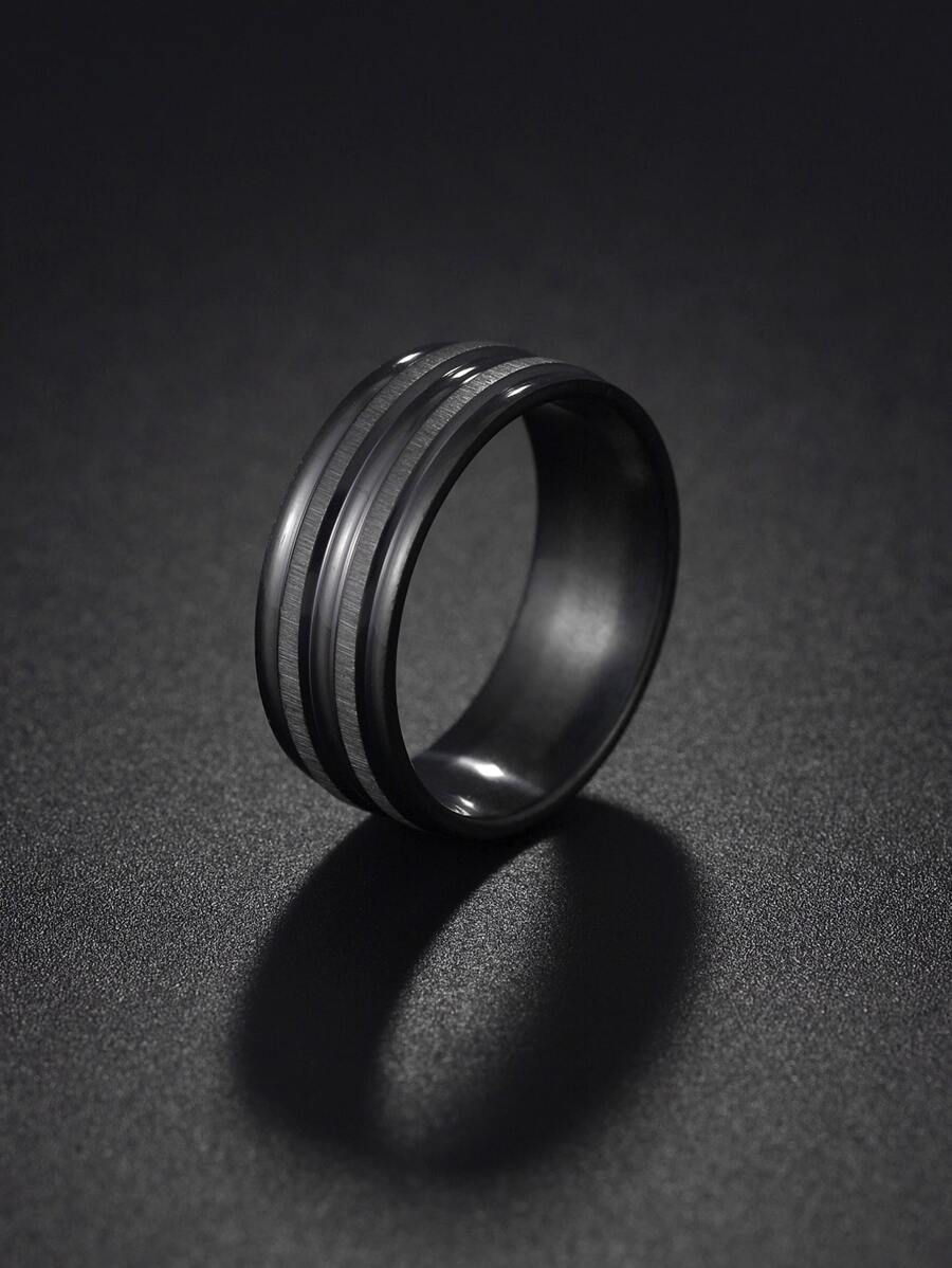 1 pieza Anillo de acero inoxidable mate negro estriado para hombre - Negro - Ver 1