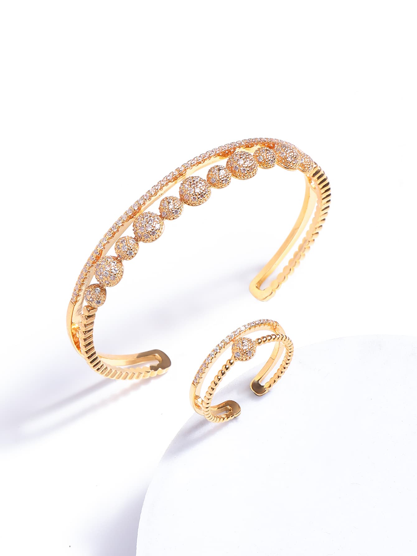 水鑽裝飾開口戒指和開口手鐲 - 金黃色 - 查看 1