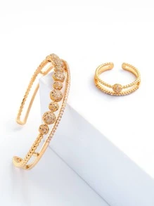 水鑽裝飾開口戒指和開口手鐲 - 金黃色 - 查看 2