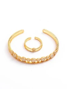 水鑽裝飾開口戒指和開口手鐲 - 金黃色 - 查看 3