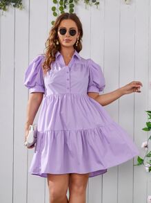 SHEIN Unity Plus Ruffle Hem Puff Sleeve Dress - Lilac Purple - View 1
