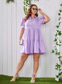 SHEIN Unity Plus Ruffle Hem Puff Sleeve Dress - Lilac Purple - View 3