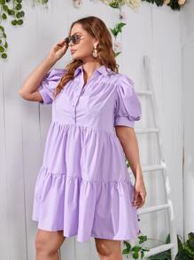 SHEIN Unity Plus Ruffle Hem Puff Sleeve Dress - Lilac Purple - View 4