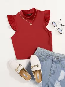 SHEIN Essnce Solid Rib Knit Ruffle Trimed Top - Red - View 1