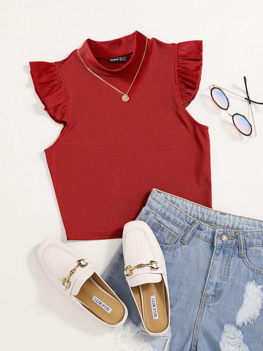 SHEIN Essnce Solid Rib Knit Ruffle Trimed Top - Red - View 1