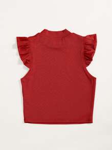 SHEIN Essnce Solid Rib Knit Ruffle Trimed Top - Red - View 2