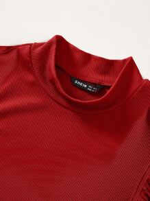 SHEIN Essnce Solid Rib Knit Ruffle Trimed Top - Red - View 3