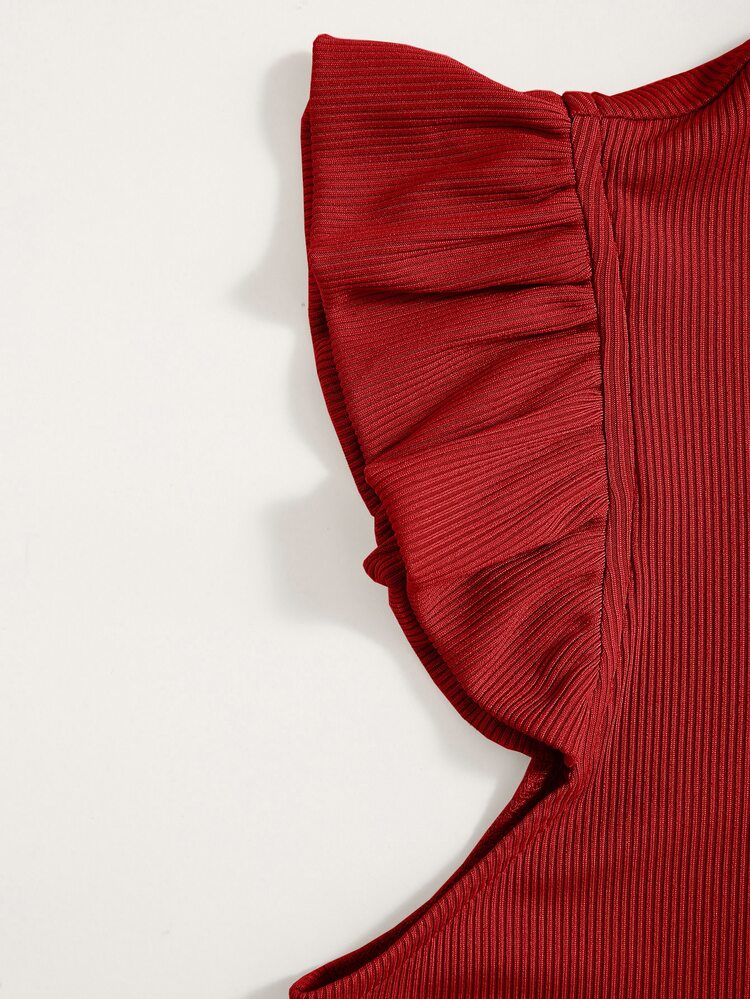 SHEIN Essnce Solid Rib Knit Ruffle Trimed Top - Red - View 4