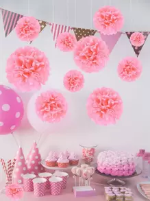 10pcs Tissue Paper Flower Ball, Baby Shower Birthday Party Decoration Paper Pom Pom, Handmade Hanging Paper Pompom Wedding Decoration - Pink - View 1