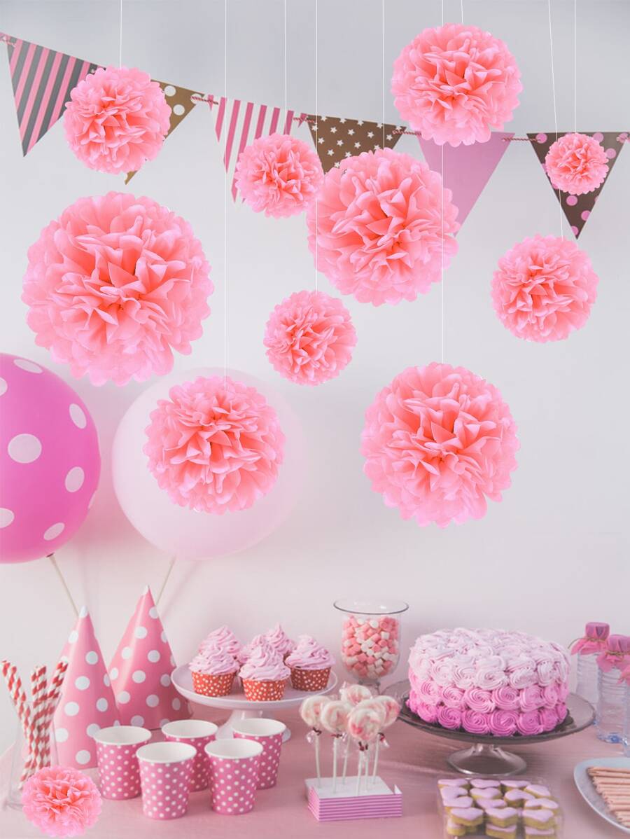 10pcs Tissue Paper Flower Ball, Baby Shower Birthday Party Decoration Paper Pom Pom, Handmade Hanging Paper Pompom Wedding Decoration - Pink - View 1