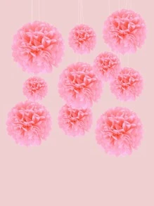 10pcs Tissue Paper Flower Ball, Baby Shower Birthday Party Decoration Paper Pom Pom, Handmade Hanging Paper Pompom Wedding Decoration - Pink - View 3