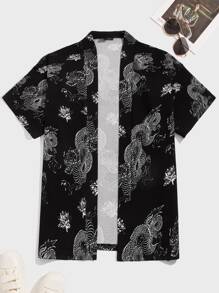 Manfinity RebelGame Loose Men's Open Front Dragon Print Kimono Shirt - Black and White - View 1