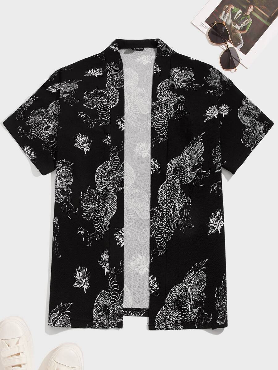 Manfinity RebelGame Loose Men's Open Front Dragon Print Kimono Shirt - Black and White - View 1
