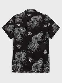 Manfinity RebelGame Loose Men's Open Front Dragon Print Kimono Shirt - Black and White - View 2