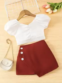 Bộ thời trang bé gái Bất đối xứng Nút Xù Nơ sau Khối Màu Ăn mặc đẹp - Đỏ và trắng - Xem 1