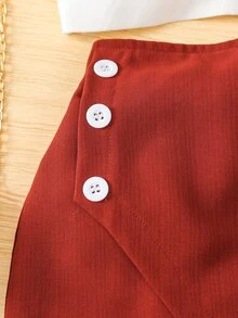 Bộ thời trang bé gái Bất đối xứng Nút Xù Nơ sau Khối Màu Ăn mặc đẹp - Đỏ và trắng - Xem 7