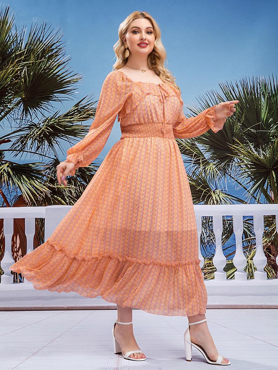 Đầm Plus Size Xù Dải chun Thắt nơ trước Tất cả trên in Thanh lịch - trái cam - Xem 1