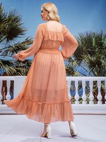 Đầm Plus Size Xù Dải chun Thắt nơ trước Tất cả trên in Thanh lịch - trái cam - Xem 2