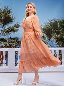 Đầm Plus Size Xù Dải chun Thắt nơ trước Tất cả trên in Thanh lịch - trái cam - Xem 3